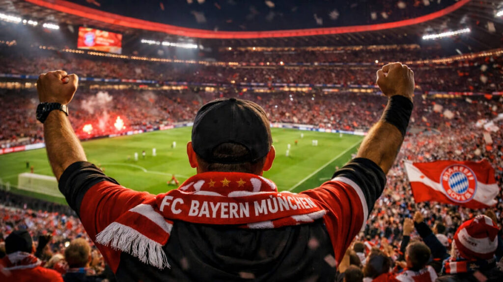 Football fans inside the Allianz Arena, home of FC Bayern Munich