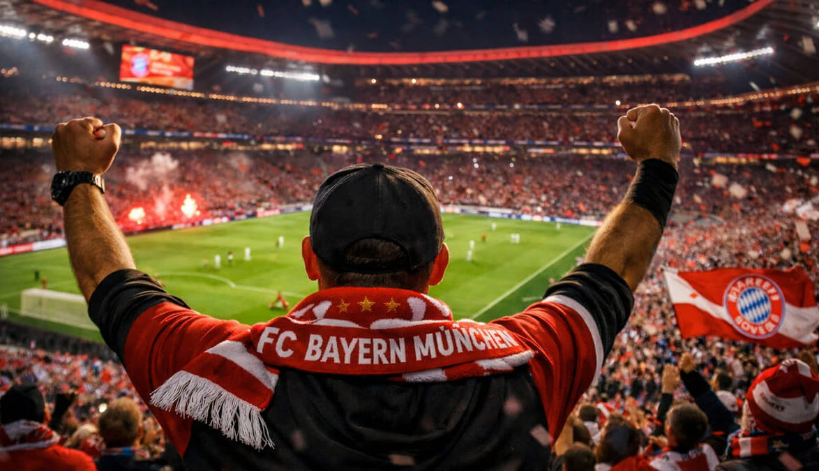 Football fans inside the Allianz Arena, home of FC Bayern Munich