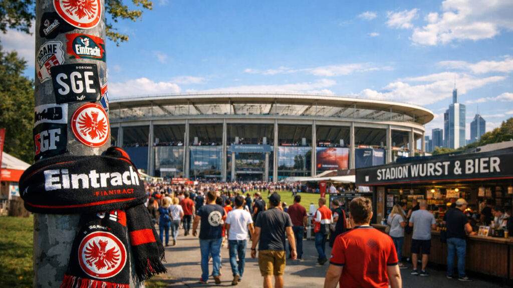 Football fans outside Eintracht Frankfurt’s Deutsche Bank Park