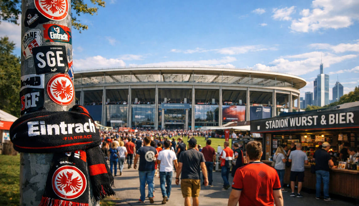 Football fans outside Eintracht Frankfurt’s Deutsche Bank Park